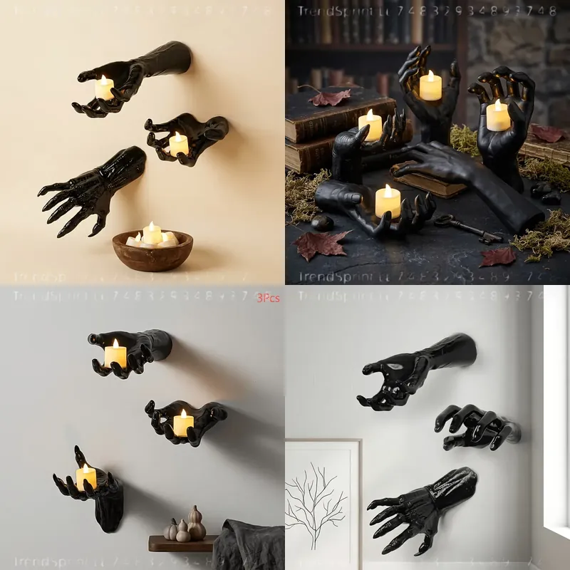 Outdoor Lighting Black - 3 Stück Halloween-Wanddekorationslichter, 3D-Grusel-Hand mit LED-Kerzen,
